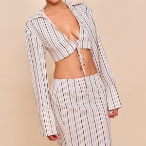 Sand Striped Linen-Blend Tie Front Cropped Shirt