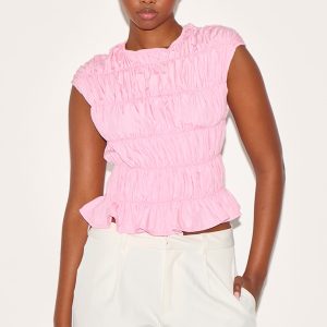 Pink Shirred Boatneck Fitted Top