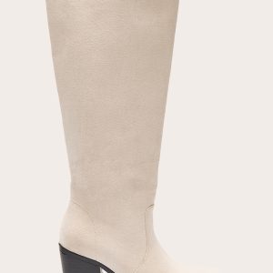 Cream Faux Suede Square Toe High Block Heel Knee High Boots