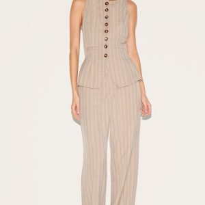 Brown Pinstripe Linen Button Down Peplum Hem Jumpsuit