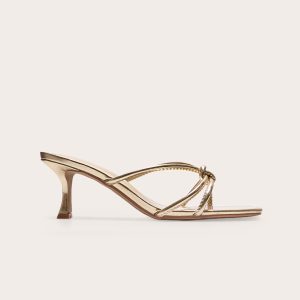 Gold Wide Fit PU Square Toe Knotted Heeled Mules