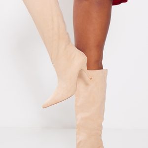 Beige Faux Suede Point Toe Mid Heeled Knee High Boots
