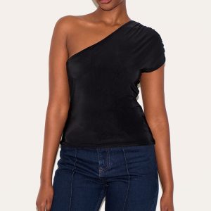 Black Slinky One Shoulder Detail Long Top