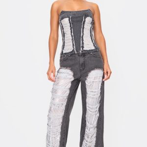 Washed Black Extreme Distressed Sequin Panel Straight Leg Jeans