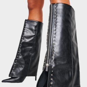 Black PU Point Toe Silver Stud Fold Over High Stiletto Heeled Boots