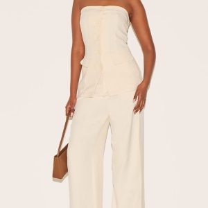 Premium Cream Tailored Woven High Waist Wide Leg Trousers