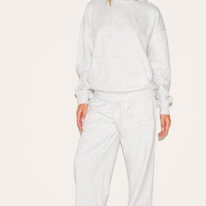 PRETTYLITTLETHING Ash Grey Premium Embossed Wide Leg Joggers