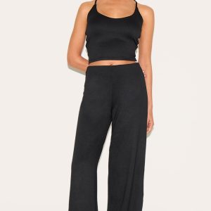 Petite Black Elasticated Waistband Wide Leg Trousers
