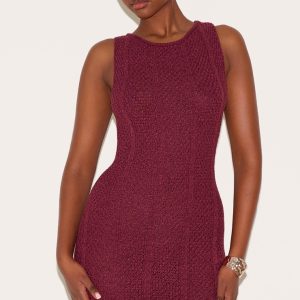 Wine Textured Filigree Knit Boat Neck Mini Dress