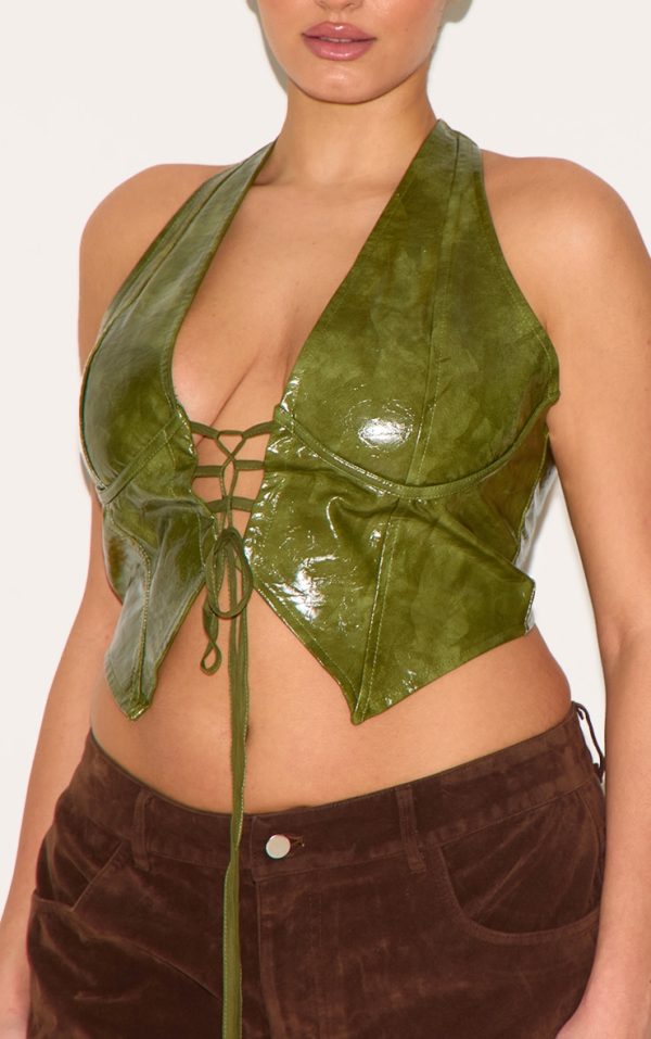6ceb7aad1f3e936cc7eddb47f094165c5eb0dd12_CNE0792_4_plus_olive_washed_faux_leather_lace_up_plunge_halterneck_top