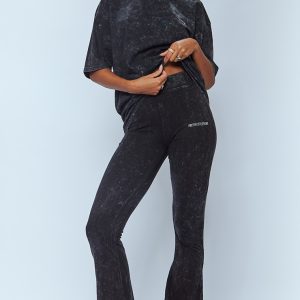 PRETTYLITTLETHING Charcoal Print Washed High Waist Flared Trousers