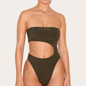Khaki Bandeau Cut Out High Leg Swimsuit
