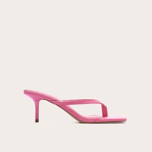 Pink Pu Square Toe Thong Mid Stiletto Heeled Mules