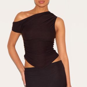 Dark Brown Soft Touch Sleeveless Asymmetric Top