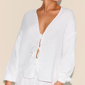 Petite White Cheesecloth Textured Tie Front Shirt