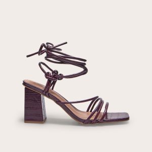 Burgundy Croc PU Square Toe Strappy Low Block Heeled Sandals