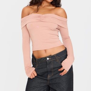 Stone Contour Jersey Ruched Foldover Bardot Crop Top