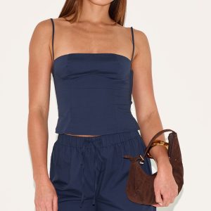 Tall Navy Square Neck Woven Crop Top