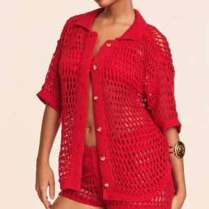 Red Crochet Short Sleeve Beach Shirt