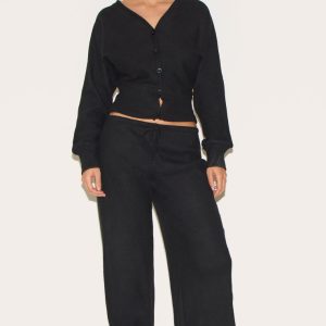 Black Soft Ribbed Wide Leg Trousers