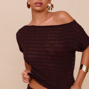 Chocolate Textured Knit Off The Shoulder Top