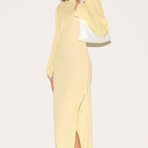 Lemon Textured Long Sleeve Maxi Dress