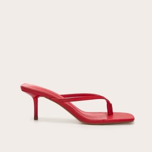 Red Pu Square Toe Thong Mid Stiletto Heeled Mules