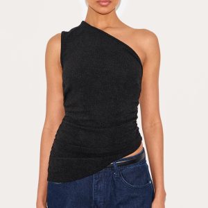 Black Textured One Shoulder Asymmetric Long Top