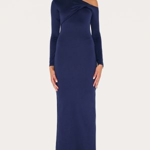 Navy Double Contour Twist Detail Long Sleeve Maxi Dress