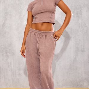 Taupe Washed Rib Panel Wide Leg Joggers