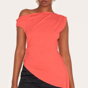 Red Asymmetric Shoulder Extreme Longline Top