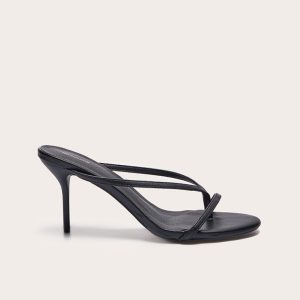 Black Pu Round Toe Thong High Stiletto Heeled Mules