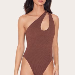 Chocolate Brown Crinkle One Shoulder Cut Out Swimsuit