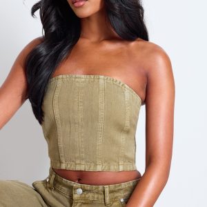 Tall Washed Khaki Denim Bandeau Corset Top