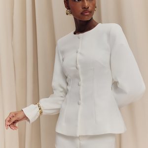 White Woven Cinched Waist Cocoon Sleeve Button Up Blazer