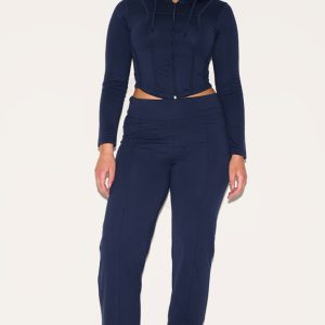 Shape Navy Low Rise Fold Over Seam Front Wide Leg Trousers