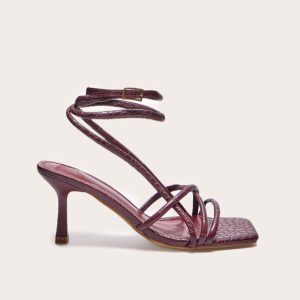 Burgundy Croc PU Square Toe Tube Strappy Mid Stiletto Heeled Sandals