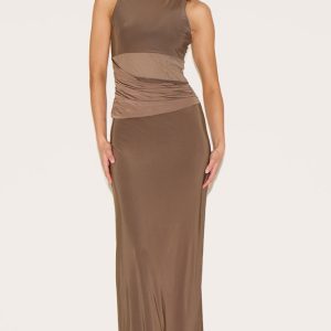 Mushroom Slinky Mesh Cut Out Maxi Dress