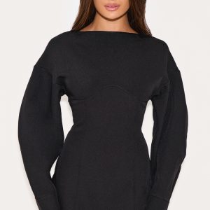 Black Tailored Long Sleeve Shift Dress