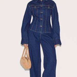 Indigo Contrast Stitch Mid Waist Wide Leg Jeans