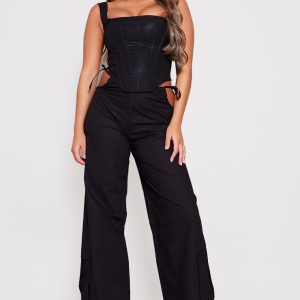 Black Cotton Cut Out Tie Side Trousers