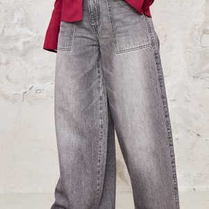 Washed Grey Mid Rise Wide Leg Jeans