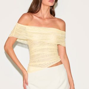 Lemon Mesh Foldover Ruched Bandeau Top