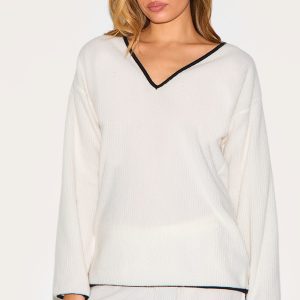 Cream Soft Rib Slouchy Long Top