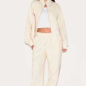Cream Wide Leg Contrast Seam Joggers