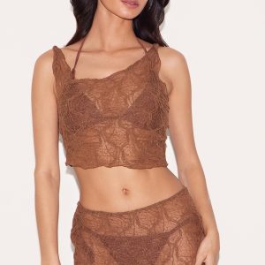 Chocolate Textured Mesh Knot Detail Asymmetric Beach Top