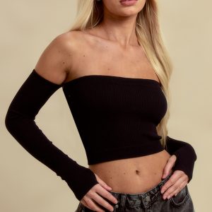 Black Structured Contour Rib Bardot Crop Top