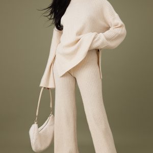 Tall Oatmeal Luxe Rib Knit Wide Leg Trousers
