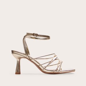 Gold PU Metallic Square Toe Cross Over Strappy Mid Heeled Sandals