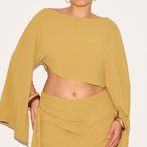 Plus Deep Mustard Floaty Woven Slash Neck Long Sleeve Top